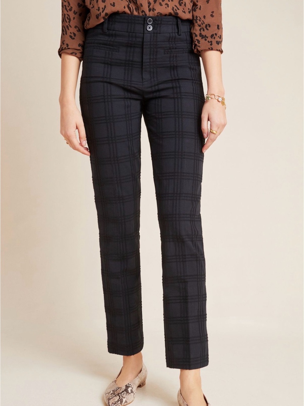 Anthropologie Essentials Slim Plaid Jacquard Tailored Pants